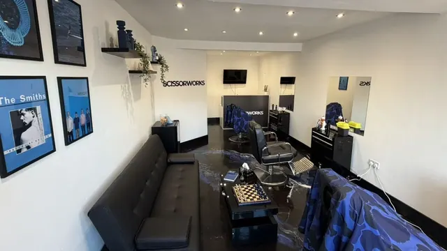 Inside Scissorworks: the sofa, chair and chessboard